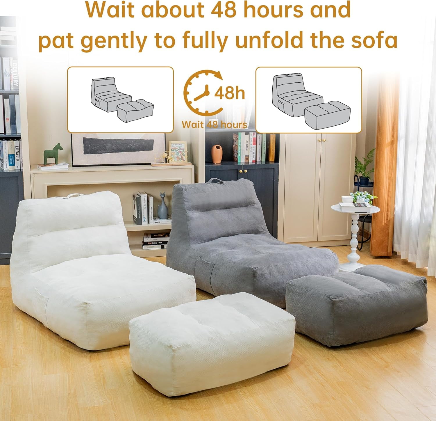 LinkRomat Giant Bean Bag Chair with Ottoman for Adults, Oversized Corduroy Memory Foam Beanbag Chair with Filler Included, Comfy Lounge & Gaming Chair for Living Room and Bedroom