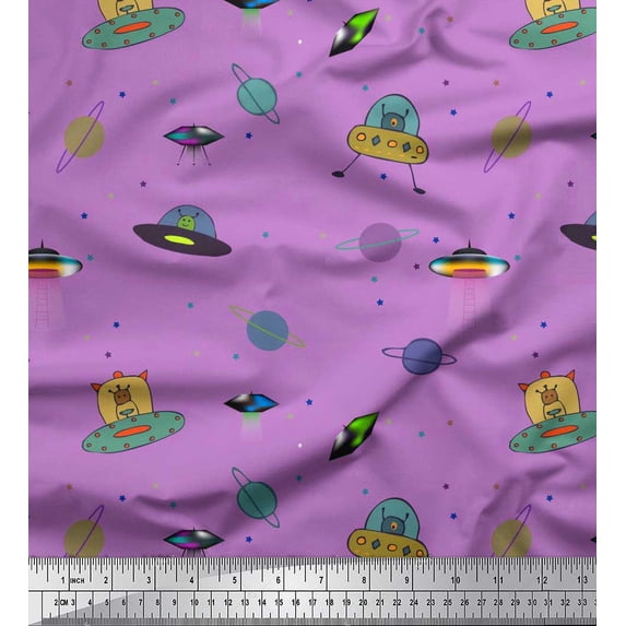 Soimoi Japan Crepe Satin Fabric Planet,Animal & Spaceship Cartoon Fabric Prints by Yard 42 Inch Wide