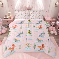 Feelyou Dreamy Cute Dragon Bedding Comforter Set for Kids, Tree Plant Botanical Twin Comforter Sets, Pink Cartoon Dinosaur Reversible Bedding Set, Breathable Home Decor, 2-Piece