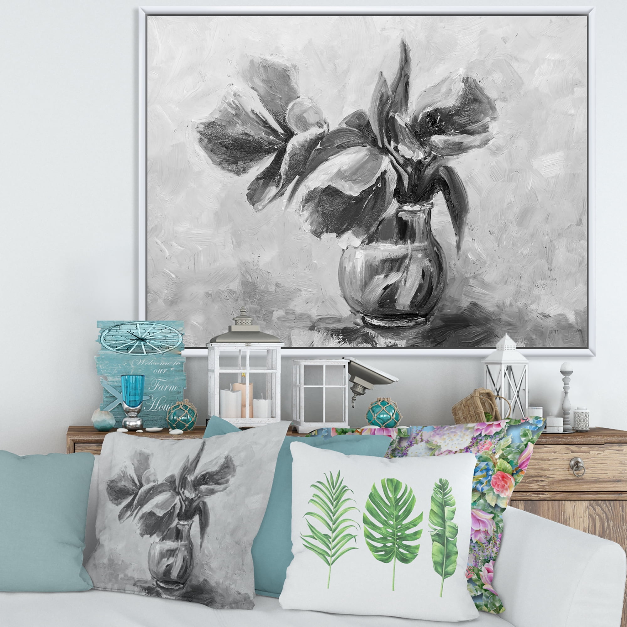Designart 'Black and White Still Life Of Flowers In A Vase' Traditional Framed Canvas Wall Art Print