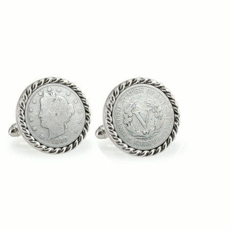 1800's Liberty Nickel Silvertone Rope Bezel Coin Cuff Links