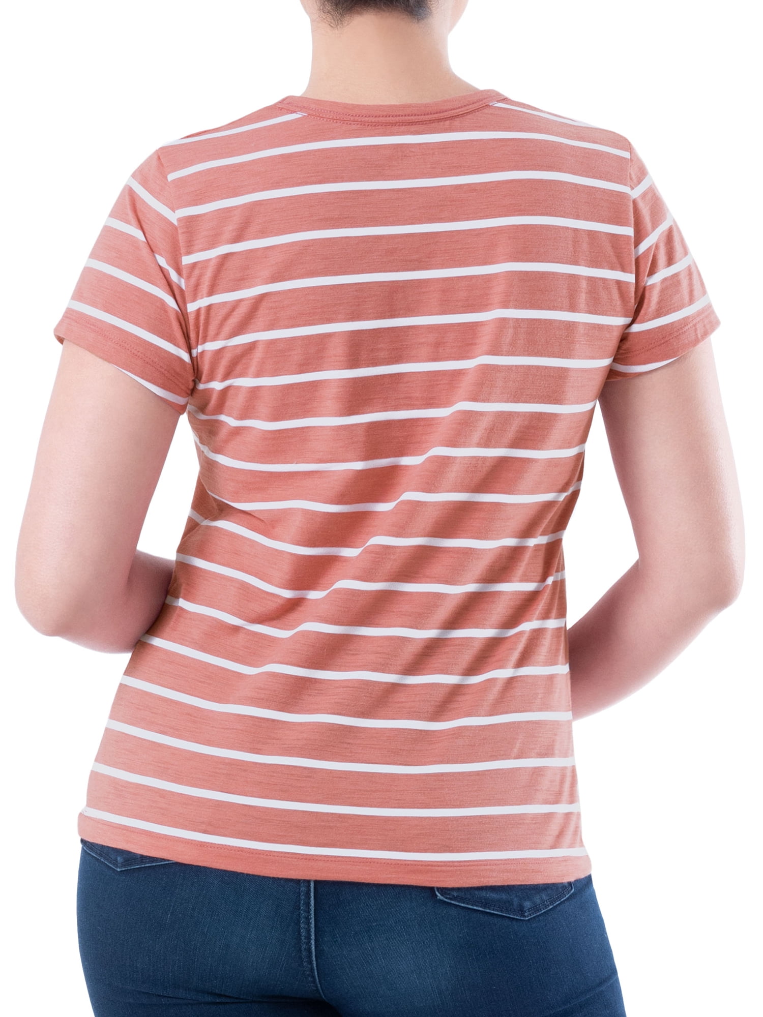 Time and Tru Womens Striped Short Sleeve Slub Crew Neck T-Shirt