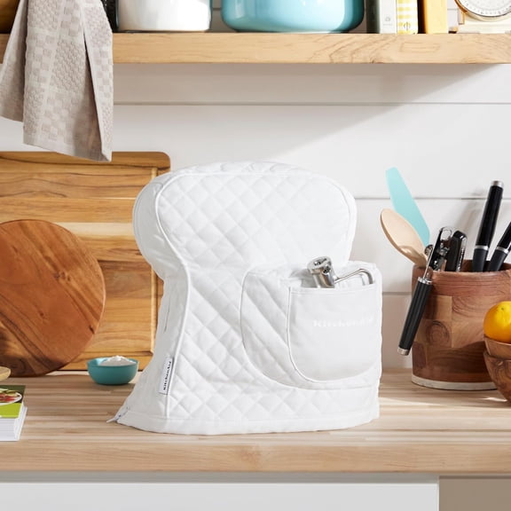 YUYAN-KITCHENAID Fitted Tilt-Head Stand Mixer Cover with Storage Pocket, Quilted 100% Cotton,14.4"x18"x10", White