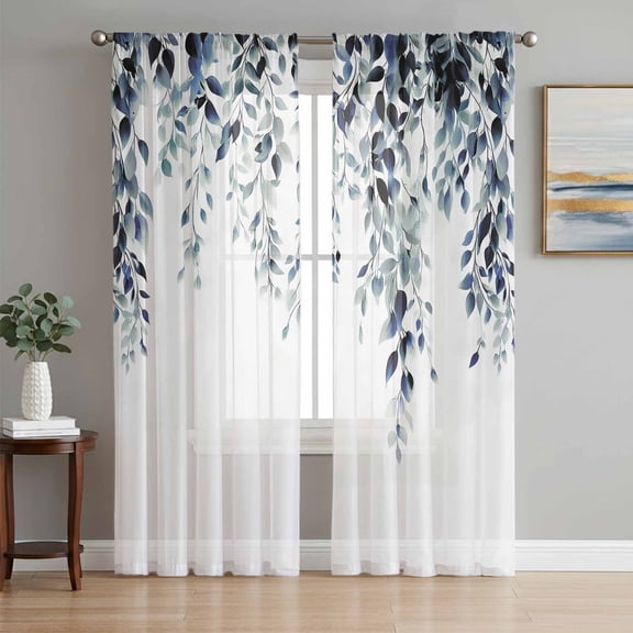 Blue Teal Eucalyptus Sheer Curtains 84 Inch Length 2 Panels Set Window Treatments, Weeping Botanical Leaf Watercolor Rod Pocket Semi Curtains for Living Room/Bedroom/Kitchen Décor, 104"W x 84"L