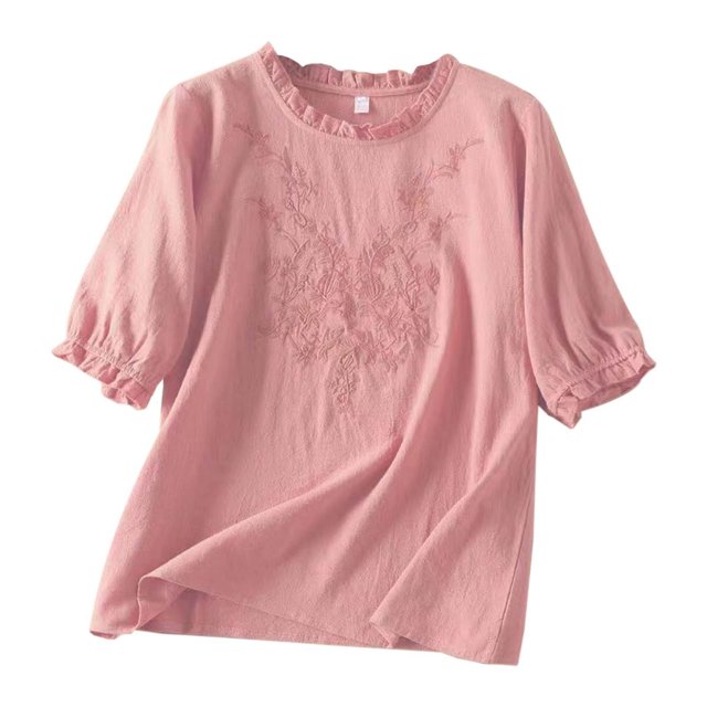 Women's Solid Linen Half Sleeve T Shirt Bohemian Embroidered Ruffle - Casual Belly Concealment Top