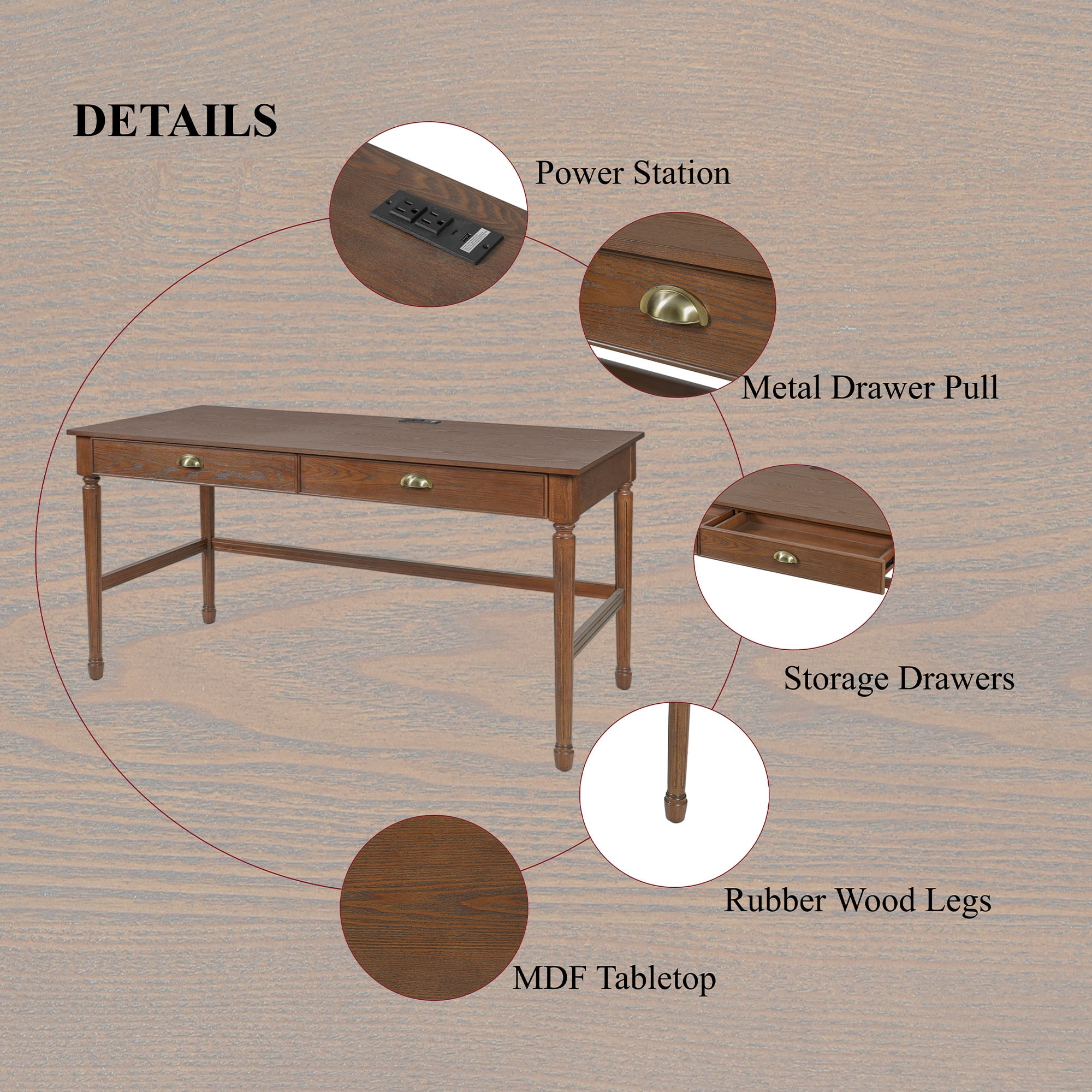 Euroco 60" Solid Wood Writing Desk with 2 Drawers,Home Office Workbench Desk,Small Computer Work Study Table,Vanity Table for Living Room,Bedroom,Walnut