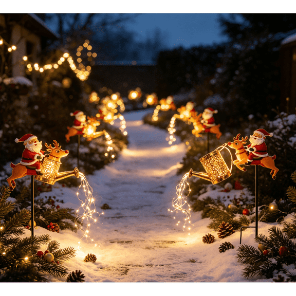 Clearance! Christmas Solar Kettle Lights Garden Lawn Decorative Lights, Santa Claus Riding on Reindeer,Hanging Metal Solar Santa Claus Watering Can with LED Light,Outdoor Lantern Decoration for Patio