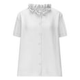 thumbnail image 4 of Olyvenn Stylish Short Sleeve Linen Shirts Women's Cotton Linen Button Ruffled Shirts Summer Loose Stand Collar Casual Boho Tops White L, 4 of 6
