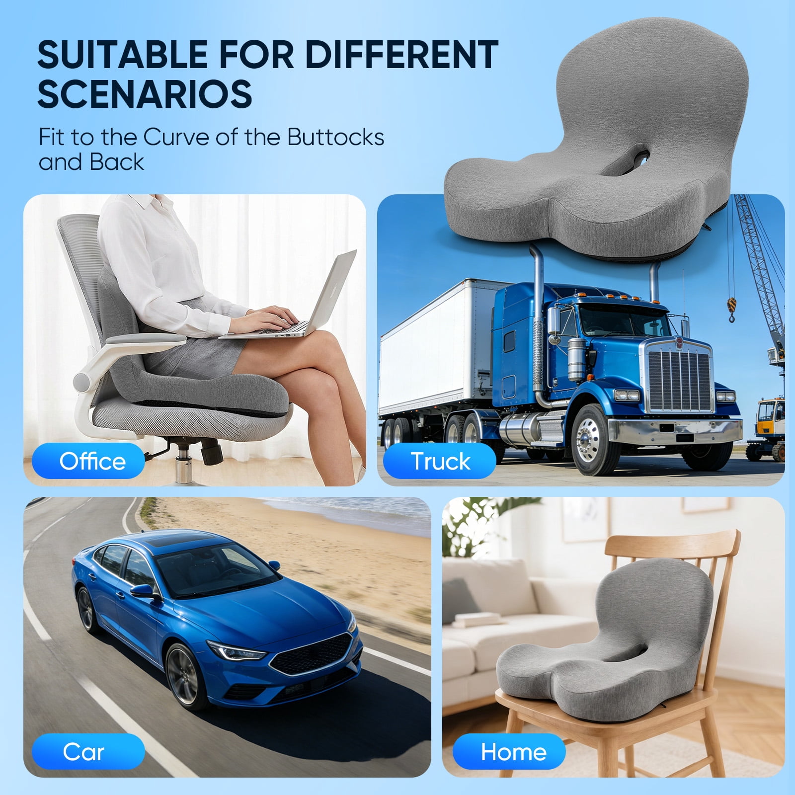 AMTPM Seat Cushion with Lumbar Support - L-Shaped Ergonomic Memory Foam Office Chair Cushion for Long Hours, Car Seat & Home Office (Light Gray)
