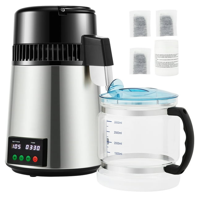 KFFKFF Water Purification System,1.1 Gallon Capacity, 0.3 Gallons Per Hour,750W,with Timer 0-99H, Temperature Control, Stainless Steel, Includes Glass Jug,Cleaning Agent, and 3 Carbon Filters,Silver