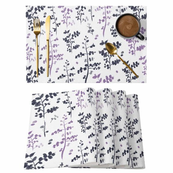 Grey Purple Botanical Placemats Set of 8, Watercolor Spring Floral Summer Leaf Placemats for Dining Table, Place Mats for Kitchen Tabletop, Waterproof Wipeable Dining Table Mats Set