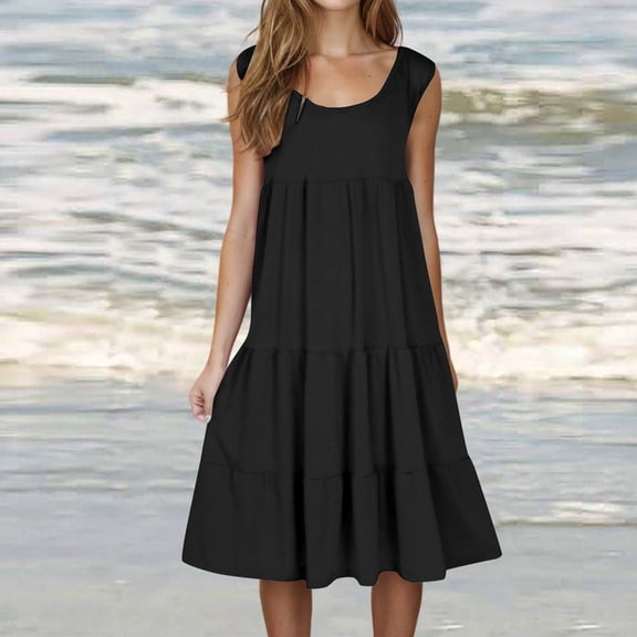 HERESOM Plus Size Summer Dress for Women Fashion Holiday Summer Solid Color Sleeveless Party Beach Dress