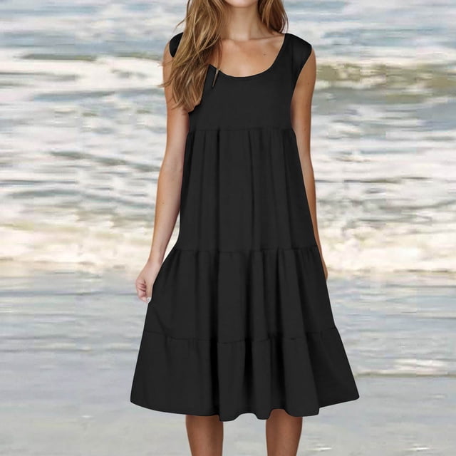 Gspmoly Robes pour Femmes, Mode pour Femmes Vacances Été Couleur Unie Sans Manches Robe de Fête Plage Robe Cocktail Robes pour Femmes Offres des Fêtes