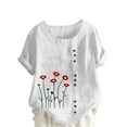 thumbnail image 3 of Feancey Linen Short Sleeve Tops for Women Plus Size Casual Boho Printed T-Shirts Loose Fit Crewneck Tees Ladies Vintage Peasant Blouse White 5XL, 3 of 5