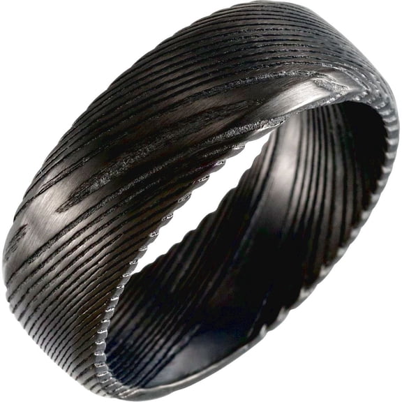 Damascus Steel Polished Flat Black Patterned Band Size 9 Ring for Women and Men - 8.3 Grams