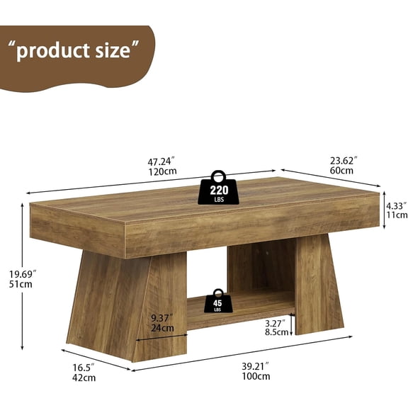 Coffee Table with Storage Shelf, 47.24" Farmhouse Wooden Rectangular Accent Center Table for Living Room Home Office Retro Brown