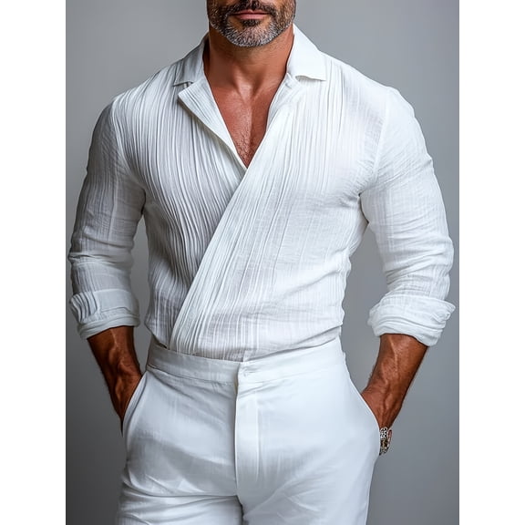 Men Summer Lightweight Crinkled Linen Shirt Wrap Cross V Neck Loose Long Sleeve Button Down Light Business Top
