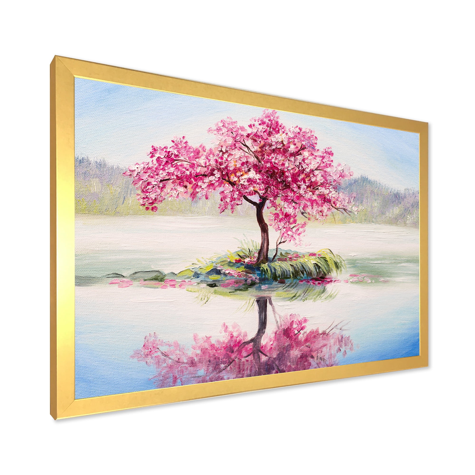 Designart 'Oriental Cherry Pink Tree Sakura On The Lake' Lake House Framed Art Print