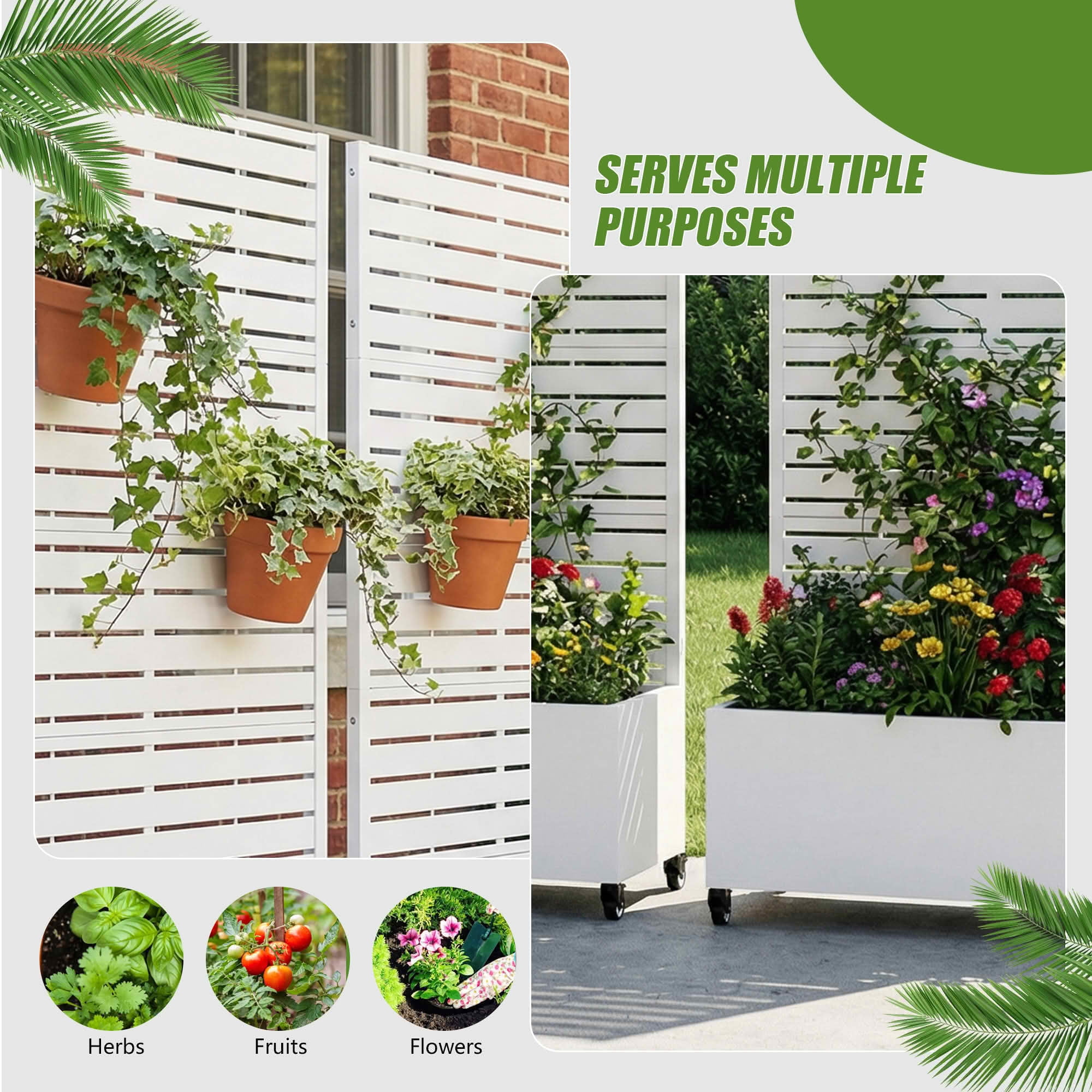 MAYEERTY 72x35 White Double-sided Rectangular Iron Planter Box with Trellis, 5 Piece Set Decorative Garden Screen for Patio and Balcony