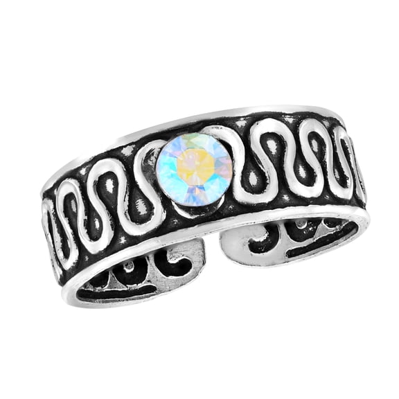 Bali-Chic Abstract Wave White Rainbow Crystal Sterling Silver Toe or Pinky Ring for Female Anniversary