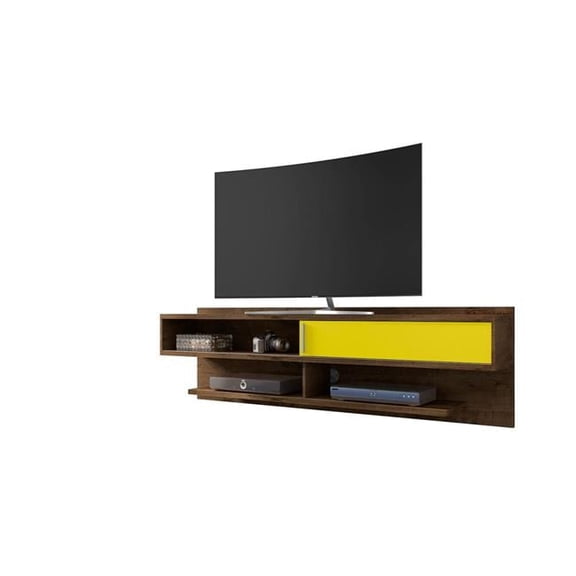Astor Modern Floating Entertainment Center 1.0 with Media Shelves in Rustic Brown & Yellow, 21.26 x 70.86 x 12.87 in.