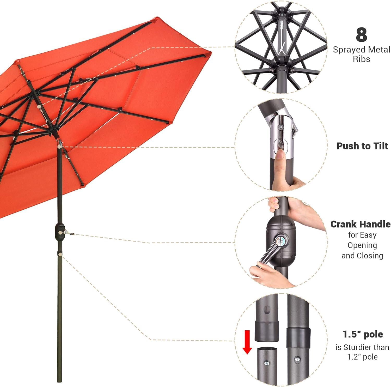 10ft Solar LED Outdoor Market Tilt Patio Umbrella, Cherry Tomato