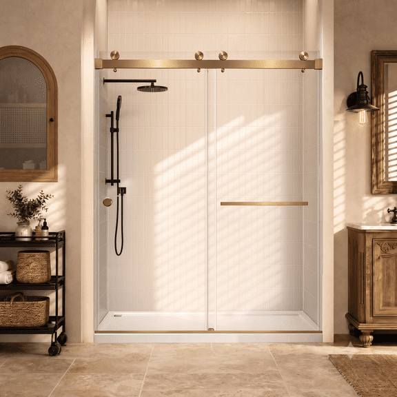 55-59"W x 72"H Frameless Double Sliding Shower Door, 5/16"(8mm) Tempered Glass, Brushed Gold