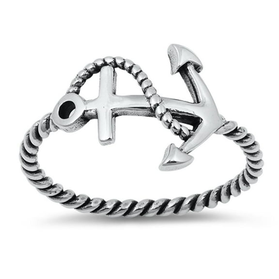 Twisted Rope Anchor Cross Oxidized Ring .925 Sterling Silver Band Jewelry Female Male Unisex Size 8