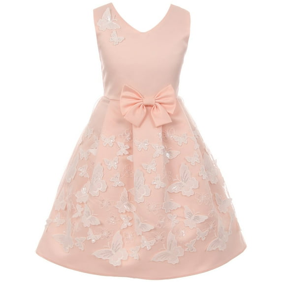 Little Girls Satin Butterfly Mesh Lace Ribbon Trim Holiday Party Easter Flower Girl Dress Blush 4 (J21KS12)