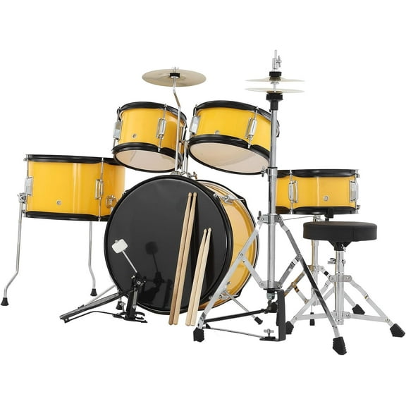 5-Piece Drum Set, Complete Kit with Bass Drum, Tom, Snare, Hi-Hat, Cymbal & Pedal, 16in Full Drum Set with Drumsticks and Stool, Yellow