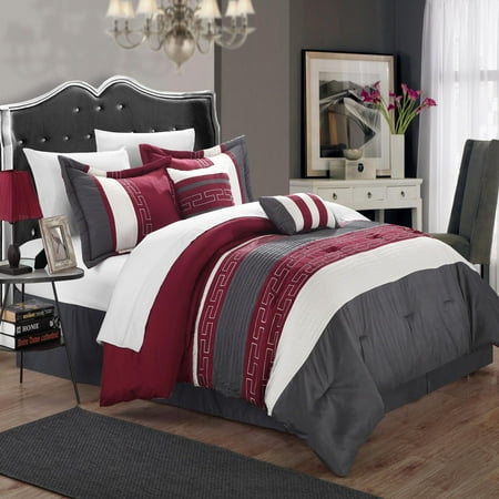 Carlton Burgundy, Grey & White Queen 6 Piece Comforter Bed