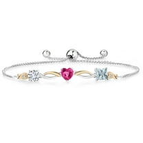 Gem Stone King 925 Silver and 10K Yellow Gold Pink Created Sapphire Aquamarine and Lab Grown Diamond Tennis Bracelet for Women By Keren Hanan (1.80 cttw, Adjustable up To 9 inch)