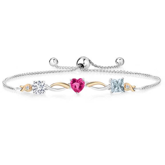 Gem Stone King 925 Silver and 10K Yellow Gold Pink Created Sapphire Aquamarine and Lab Grown Diamond Tennis Bracelet for Women By Keren Hanan (1.80 cttw, Adjustable up To 9 inch)
