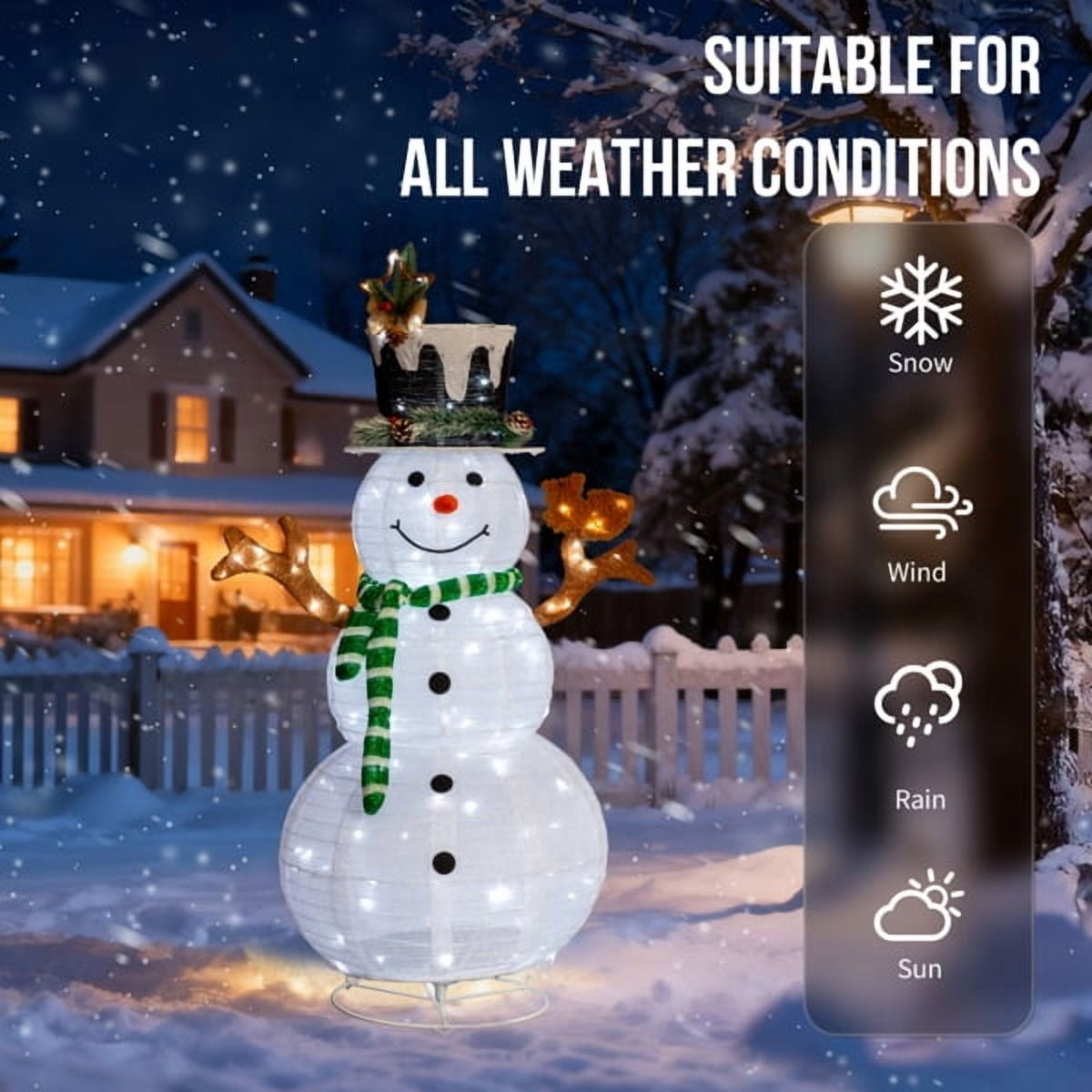 4FT Lighted Snowman Christmas Decoration, 120 White LEDs, Snow-Covered Hat & Green Scarf with Squirrel, for Indoor, Outdoor