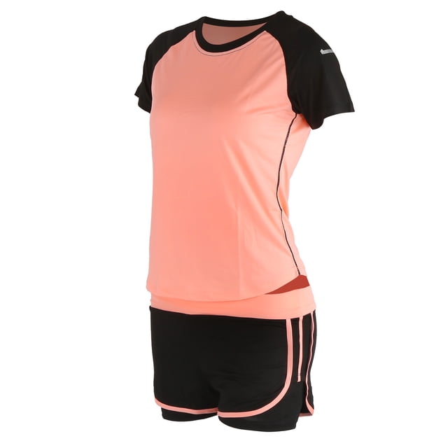 Mujer Verano Casual 2 Piezas Conjuntos De Manga Corta Conjuntos Entrenamiento Fitness Ropa TrajeNaranja Rosa Negro Manga Corta + Negro Naranja Rosa Pantalones Cortos De Cintura Alta XL