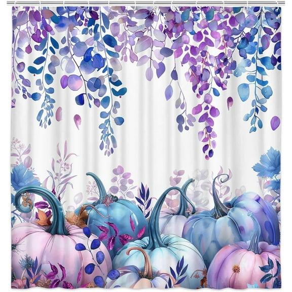 Fall Thanksgiving Shower Curtain, Watercolor Autumn Pumpkins Eucalyptus Leaves Shower Curtains Set with Hooks, Blue Purple Waterproof Fabric Bathroom Decor Home Accessories
