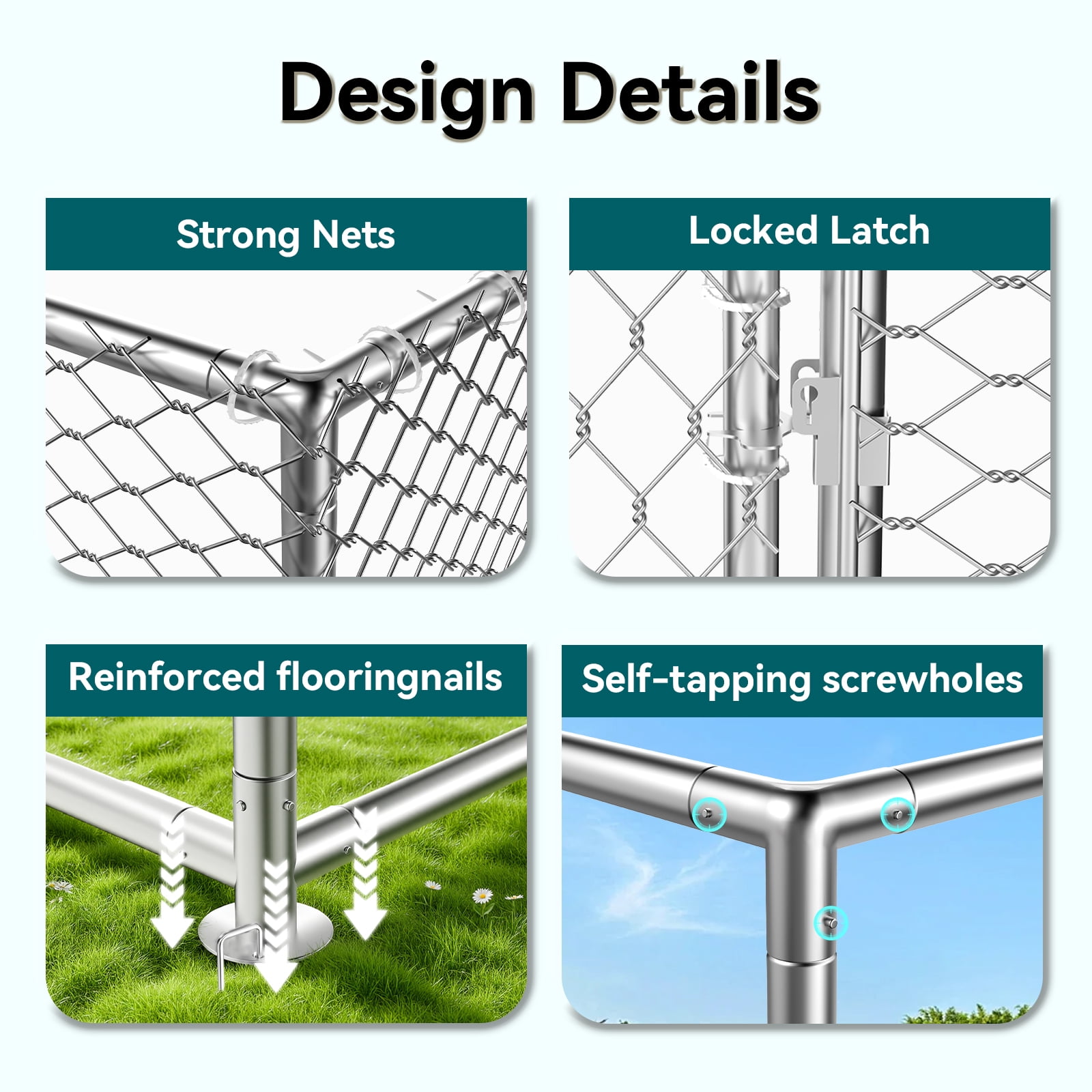 YOKWOK 10x10ft Outdoor Dog Kennel Outside with Metal Large Dog Gate, Outdoor Dog Pens with Roof, Heavy Duty Dog Kennel for Backyard Farm Use