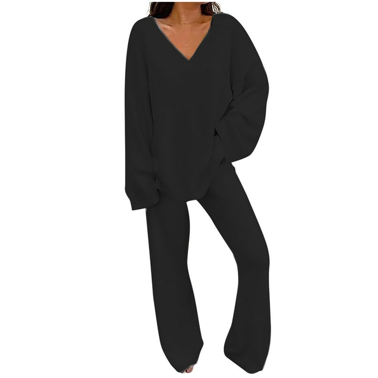 Lounge Sets Clearance under $20 Women Two Piece Outfits Long Sleeve Solid  Color Tops With High Waist Pants Baggy Warm Pajama Sets Black Xxl 