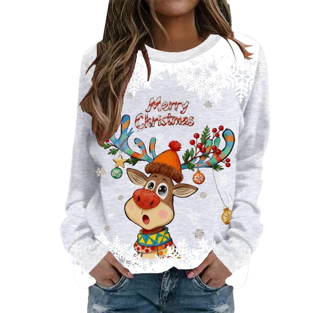 Fiaer Chandails de Noël pour Femmes Mignons et Amusants avec Motif de Cerf, Col Rond, Manches Longues, Grande Taille, Blanc m
