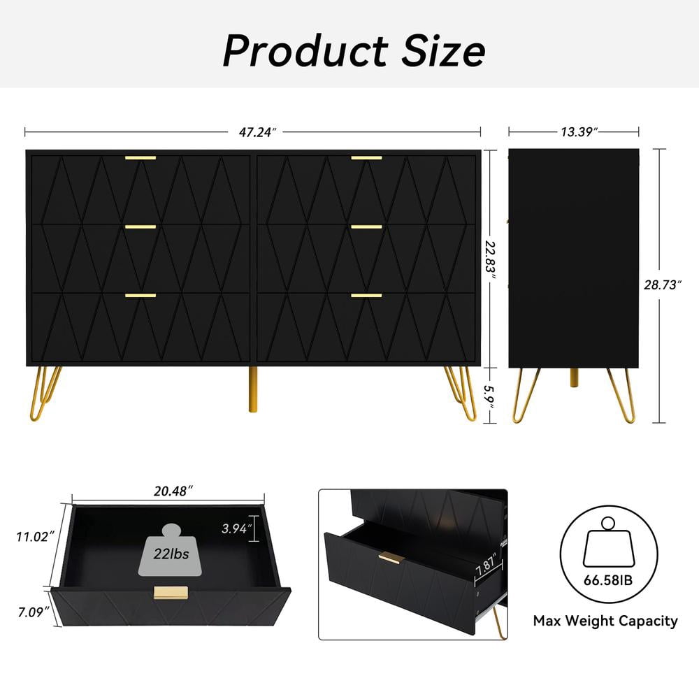 Eclife 47.2"Wide x 28.7" Tall 6-Drawer Double Dressers for Bedroom Living Room Chest with Deep Drawers and Metal Handles, Modern Wood Storage Chest of Drawers, Black