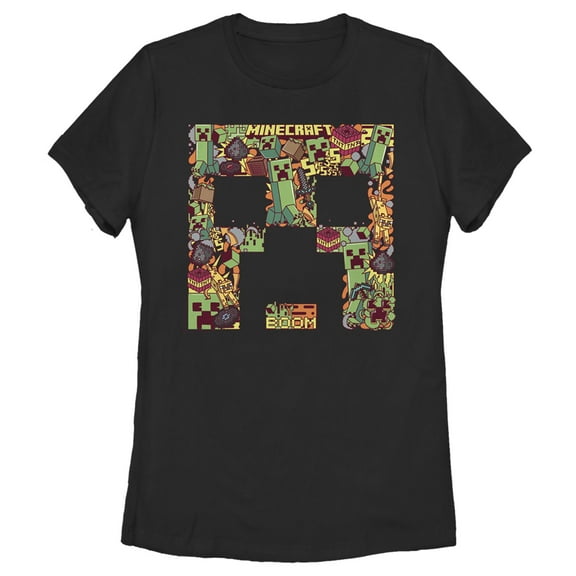 Women's Minecraft Creeper Collage  Graphic Tee Black Large