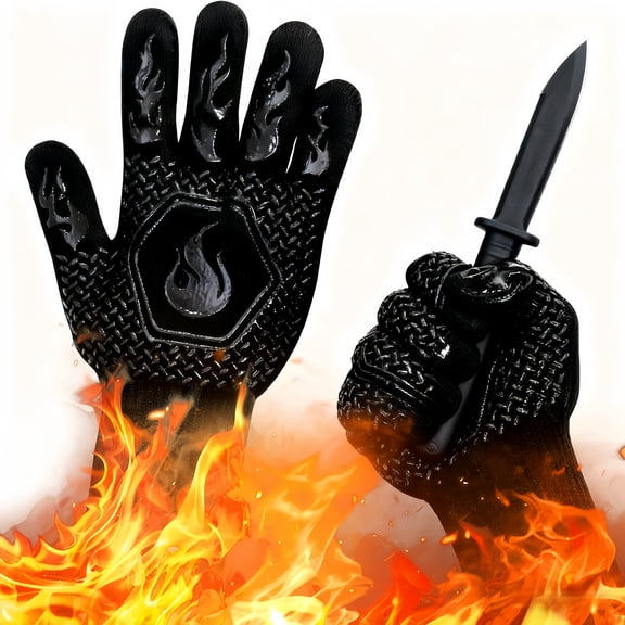 Grill Gloves, Black High Heat Resistant Non-Slip Silicone Barbecue Oven Mitts, Cut Resistant Flexible Cooking Gloves for Grilling Baking Smoking BBQ Kitchen Outdoor Cooking