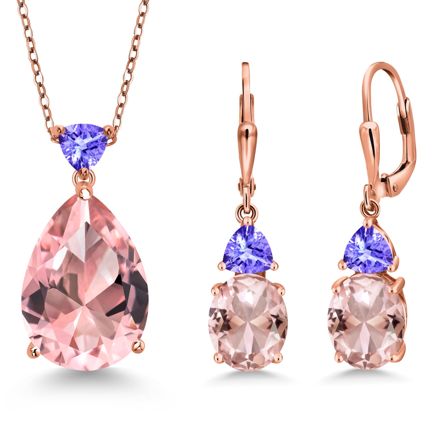 Gem Stone King 18K Rose Gold Plated Silver Peach Nano Morganite and Blue Tanzanite Pendant Earrings Jewelry Set for Women (16.19 Cttw, Pear Shape 18X13MM, with 18 inch Chain)