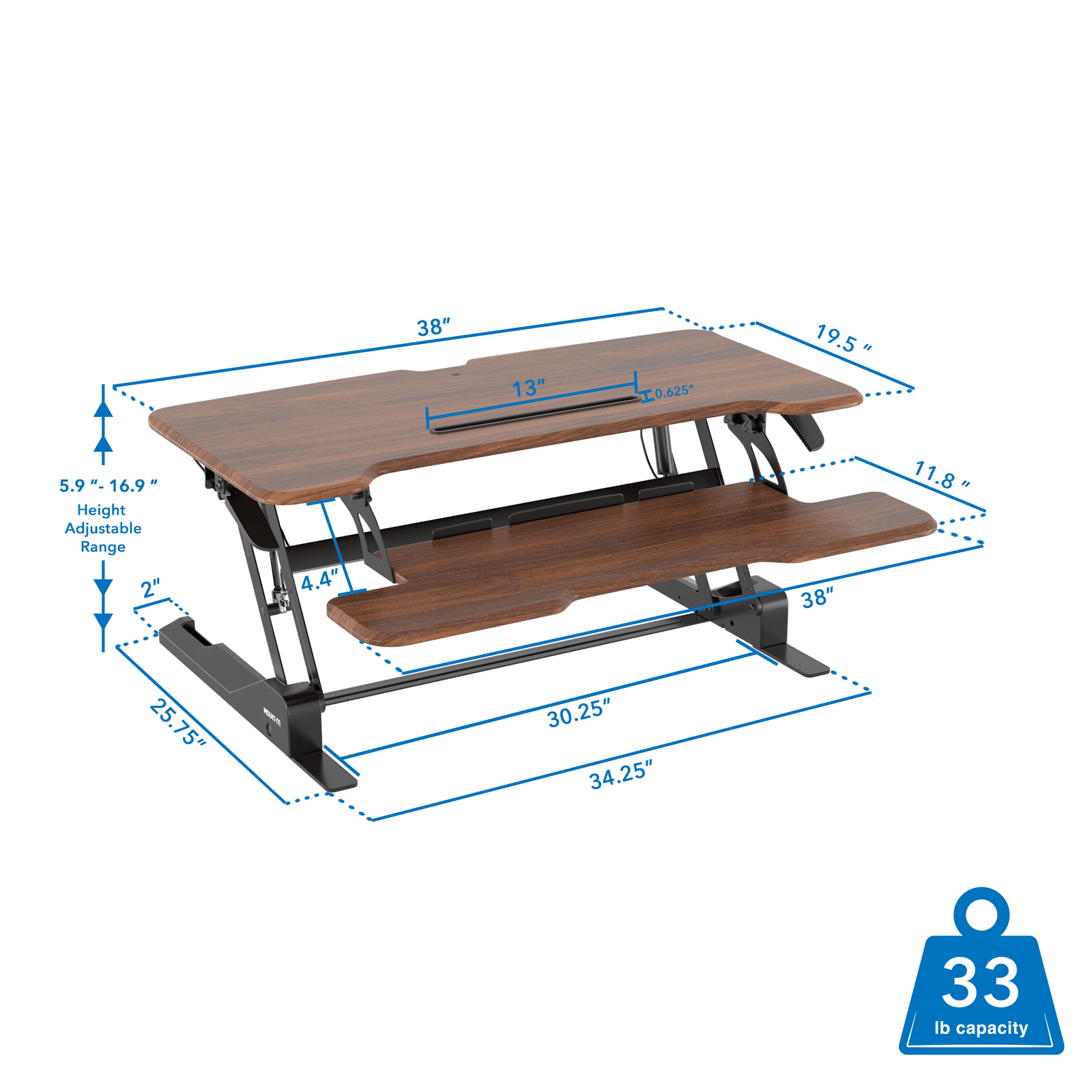 Mount-It! 38'' Standing Desk Converter – Height Adjustable Sit Stand Riser with Dual Monitor Space, Keyboard Tray & Device Slot – Gas Spring Lift, MDF Desktop, Dark Walnut