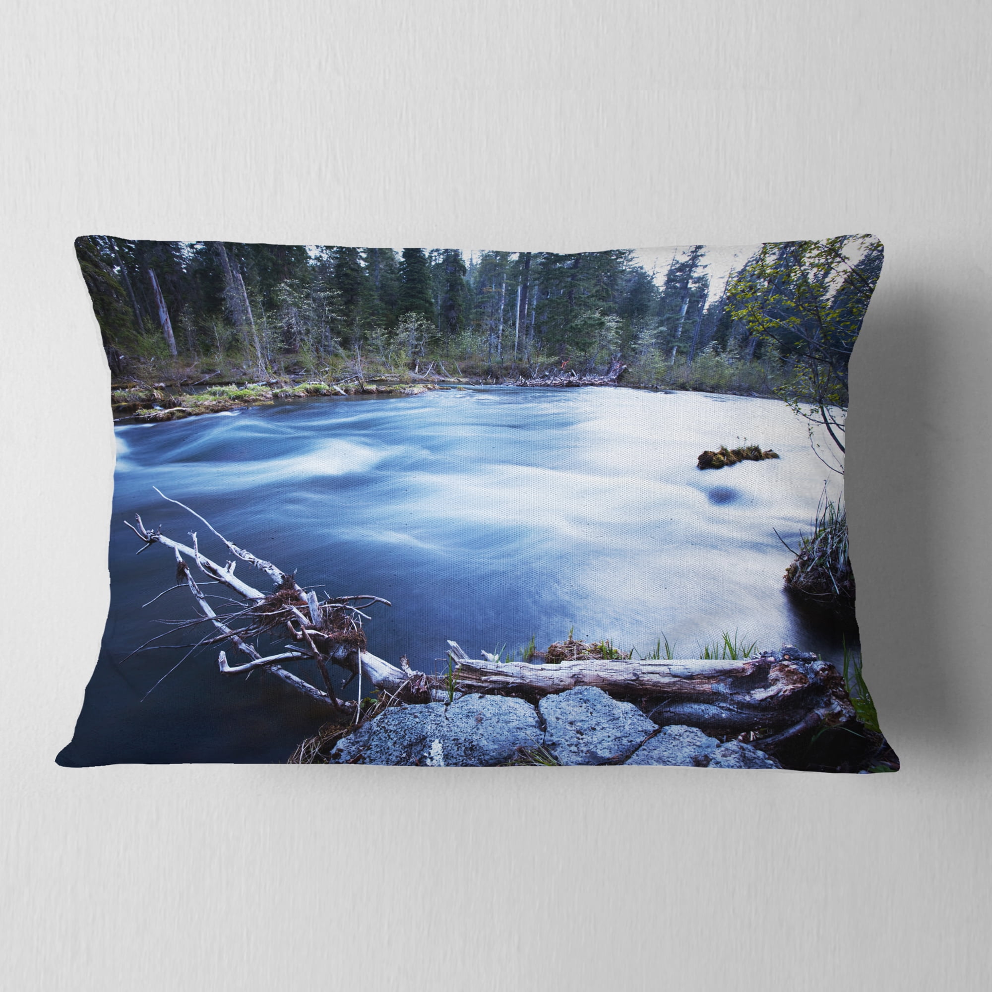 Designart Blue River in Forest At Evening - Landscape Printed Throw Pillow - 12x20