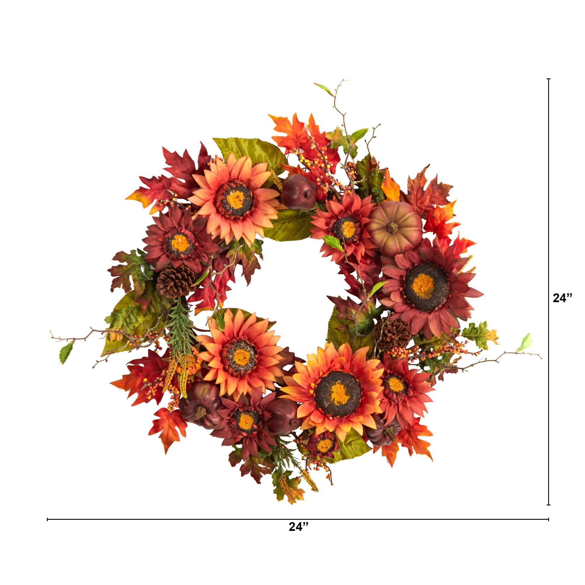 Nearly Natural 24" Autumn Sunflower, Pumpkin, Pinecone and Berries Fall Artificial Wreath, Orange