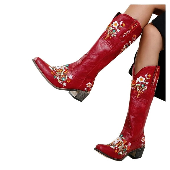 Chenyee Cowboy Boots for Women Wide Calf Knee High Boots Embroidery Pointed Toe Pull On Western Country Booties