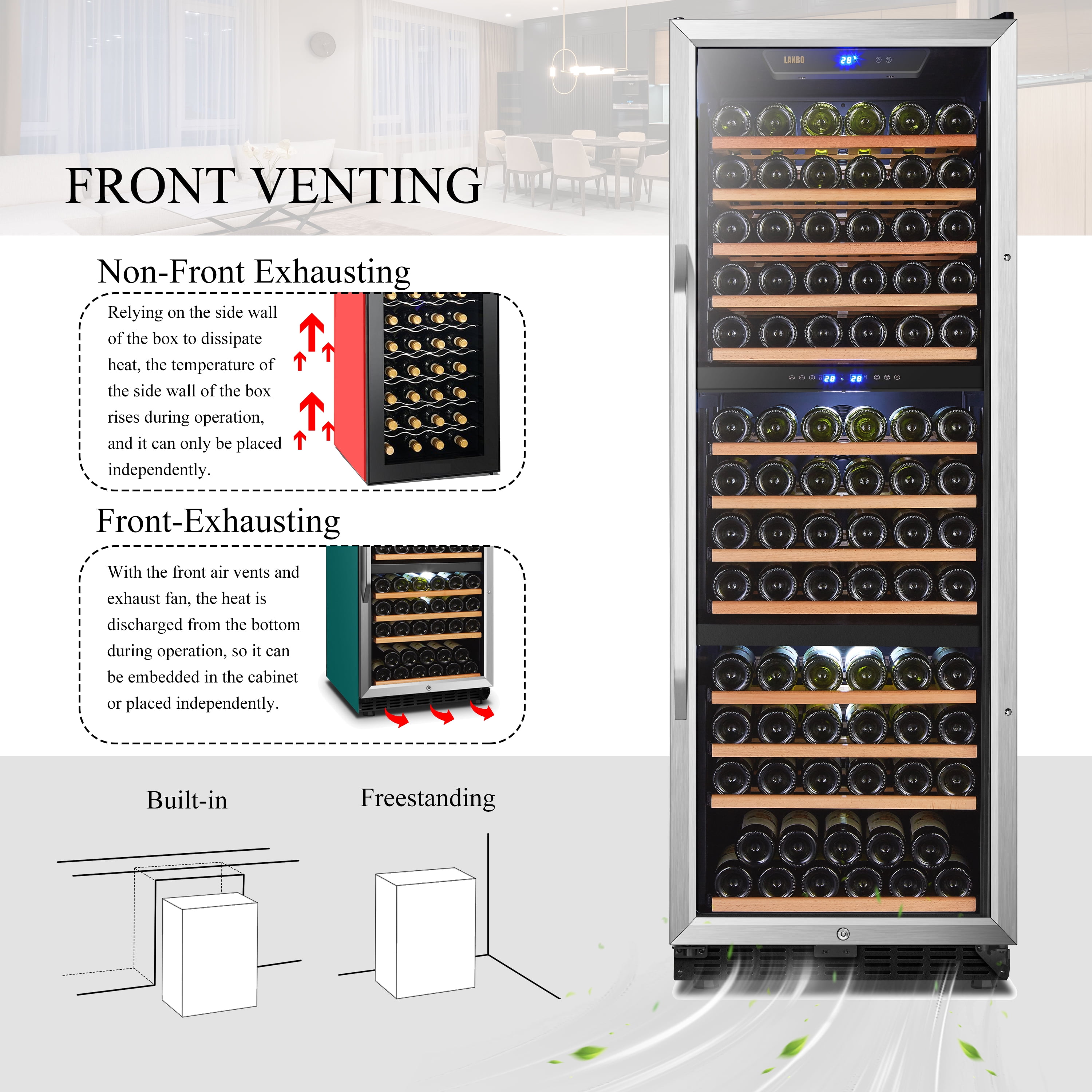 Lanbo 143 Bottle Triple Zone Compressor Wine Refrigerator 24 inch Width