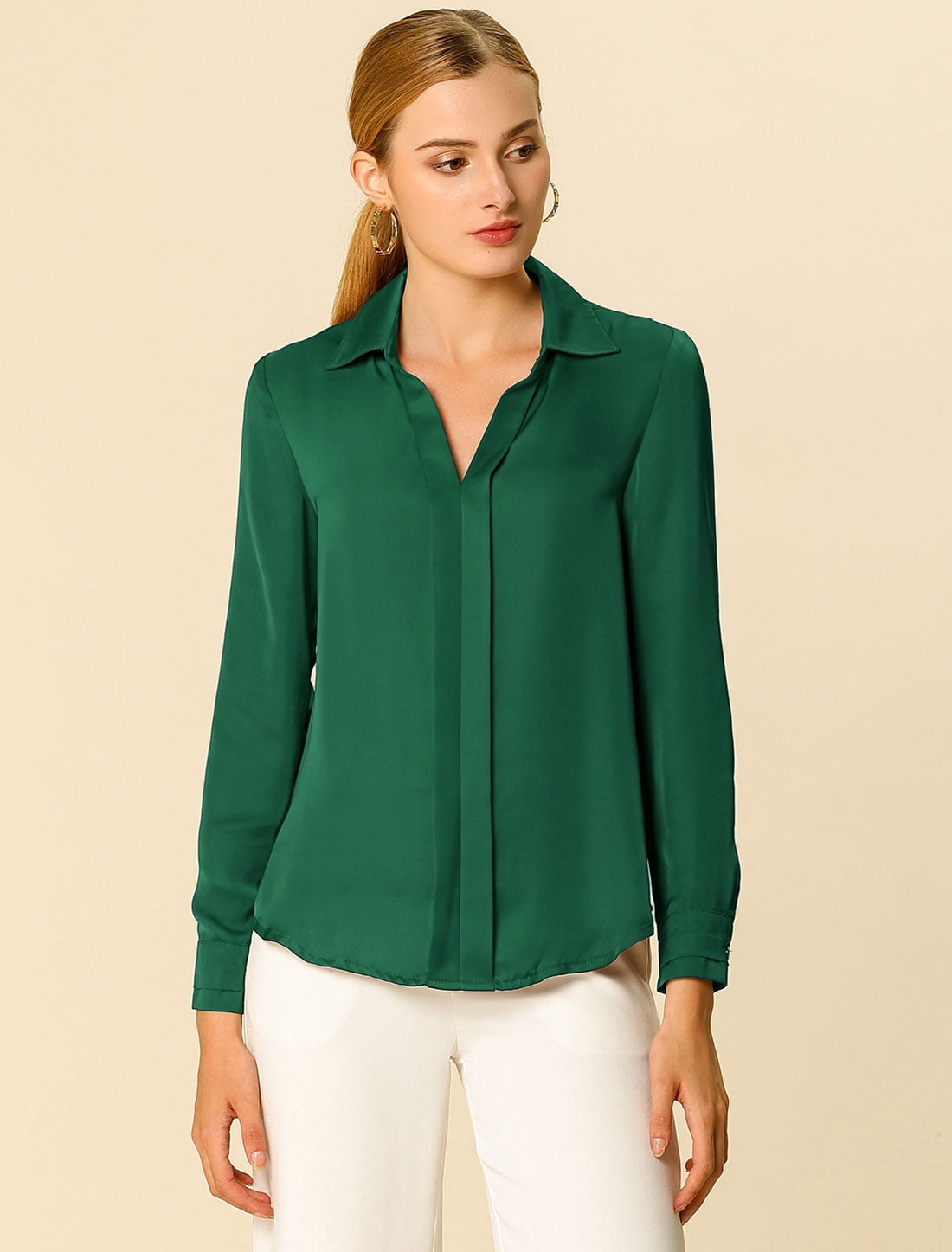DARING DIVA Women's V Neck Classic Work Office Long Sleeve Shirt XXL Green