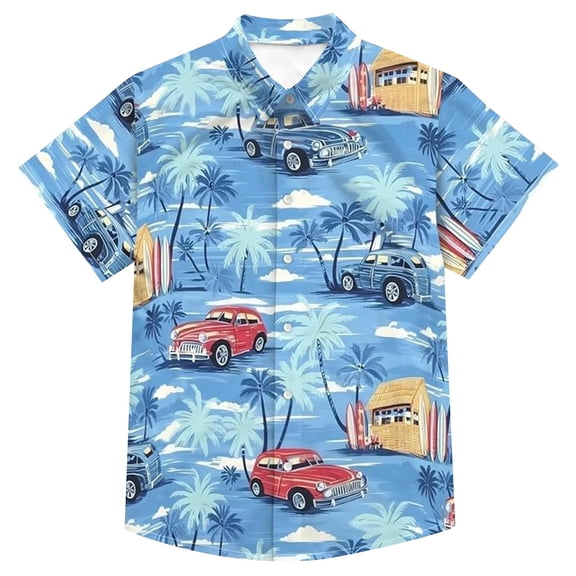 Hawaiian Shirt for Men Short Sleeve Trendy Hawaiian Print Lapel Casual Button Down Top Blue L